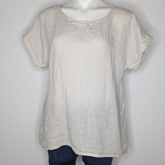 Terzo Millennio Cream Short Sleeve Lagenlook Button Back Tshirt M - Picture 1 of 6